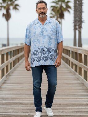 Large Men's Hawaiian Shirt Blue with Dragon Design